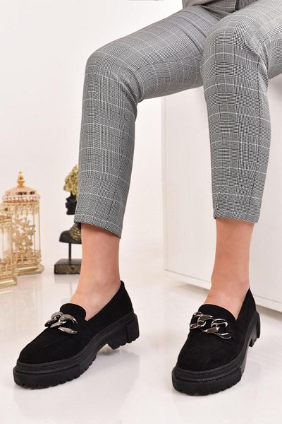 Peta Women's Laofer Black Skin Stone Detailed Casual Shoes