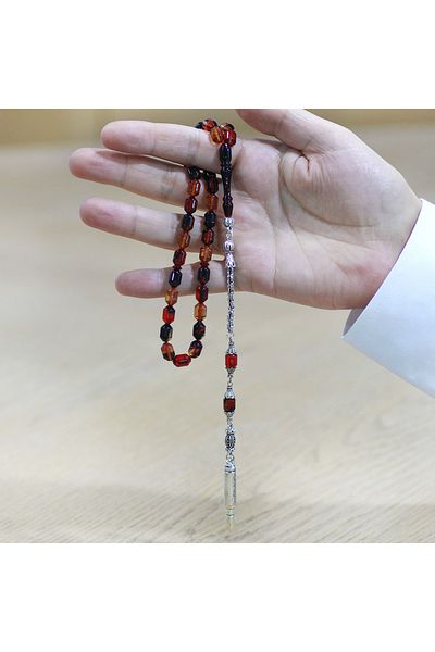 Tesbihane Non-Tarnish Metal Albanian Tassel Tip Capsule Cut Bala Black Color Fire Amber Prayer Beads