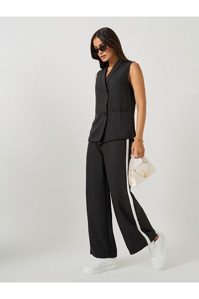 Styli Solid Shawl Collar Sleeveless Blazer and Side Stripe Straight Leg Pants Co-Ords