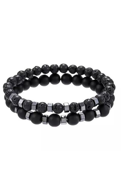 Tessero Set de două brățări elastice din rocă vulcanică și onix, negre