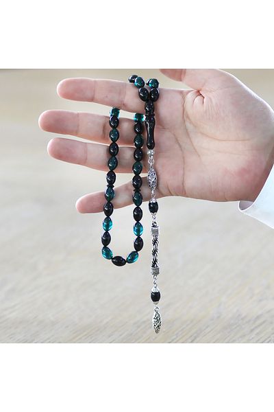 Tesbihane عقد تسبيح من المعدن المقاوم للتلطيخ، شرابة من الحبوب، قطع من الحبوب، باللون الفيروزي والأسود والنار والعنبر