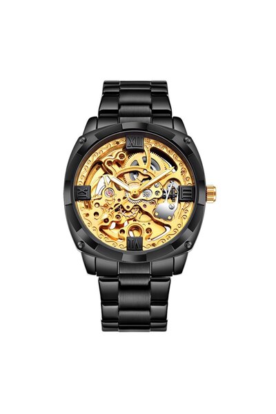 Tessero Ceas de mână schelet rotund, mecanism automat, unisex, Tessero, negru și auriu