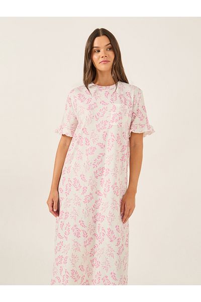 Styli Leaf Print Ruffle Trim Pocket Detail Sleep T-Shirt