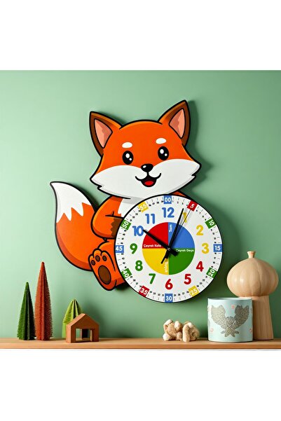 karbonsoft Montessori Eğitici Tilki Temalı Çocuk Duvar Saati | Renkli Ahşap S...