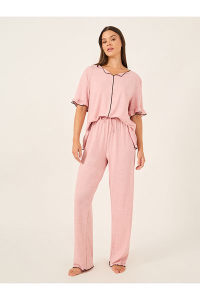 Styli Ruffle Trim Contrast Stitch Top and Pyjama Set