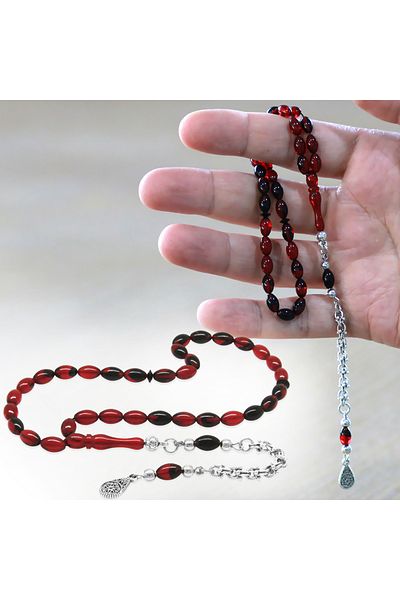 Tesbihane سلسلة معدنية متدلية من اللباد، قطع الشعير، أحمر، أسود، بطول المعصم، مسبحة من العنبر