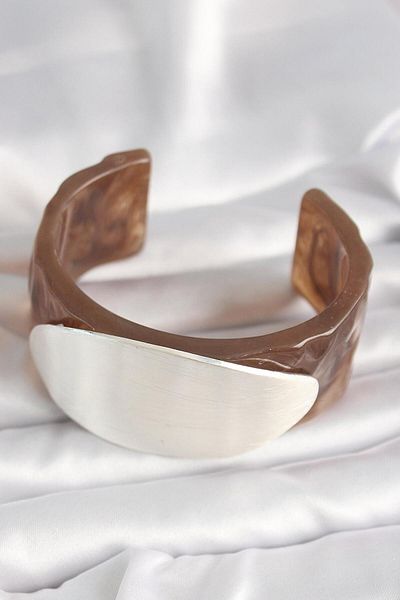 AfraBeauty Brown Marble Pattern Acrylic Plastic Silver Oval Plate Model Vintage Bracelet