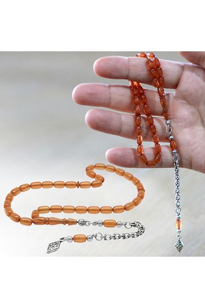 Tesbihane سبحة من الخرز المعدني المقاوم للأسود، مقصوصة على شكل كبسولة برتقالية، بطول المعصم، من العنبر الناري