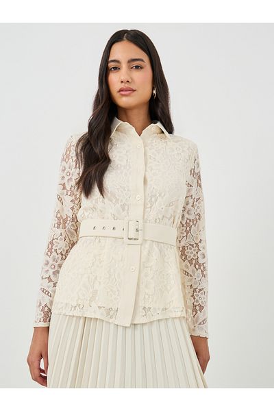 Styli Lace Belted Shirt and Pleated Skirt Co-Ords