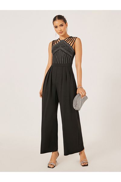 Styli Embellished V Neck Wide Leg Jumpsuit