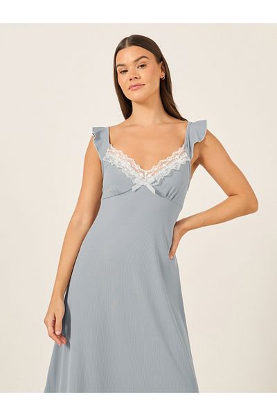 Styli Lace Trim Lettuce Edge Plunge Neck Nightdress