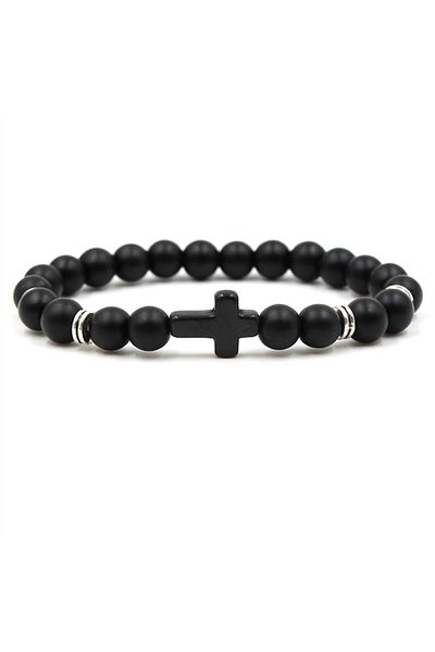 Tessero Brățară elastică din piatră semiprețioasă, onix, model în formă de cruce, unisex, neagră