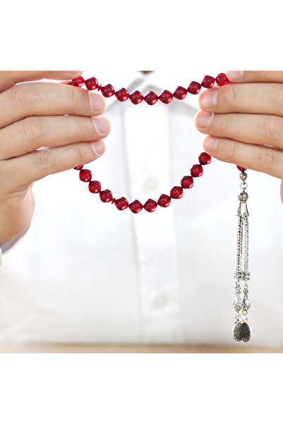 Tesbihane Non-Tarnish Metal Rosary with Tassel Istanbul Cut Flag Red Fire Amber Prayer Beads
