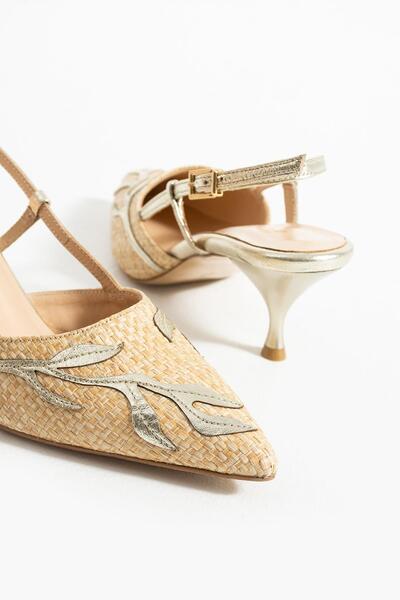 FOLLİNİ Kadın Hakiki Deri Topuklu Desenli Ayakkabı Bej