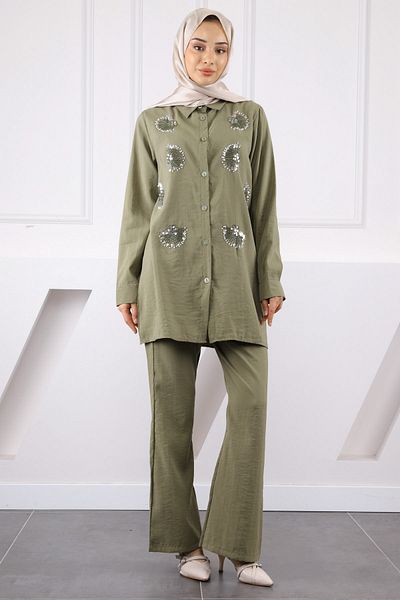 İmajButik Σετ παντελόνι με κεντημένο χακί με χάντρες
