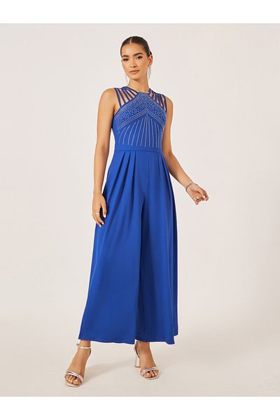 Styli Embellished V Neck Wide Leg Jumpsuit