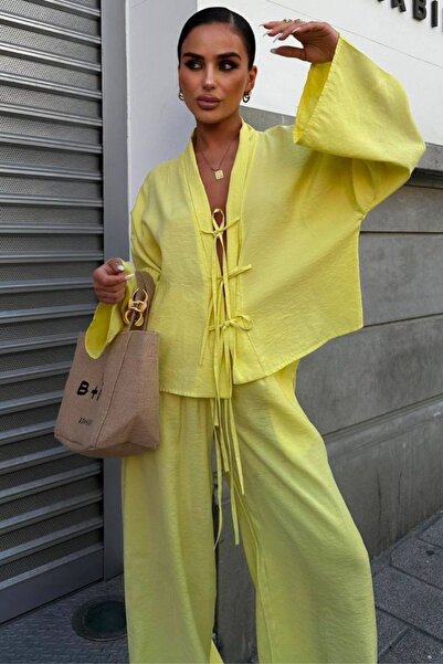 Trendseninle Yellow Bow Tie Woven Milano Fabric Suit