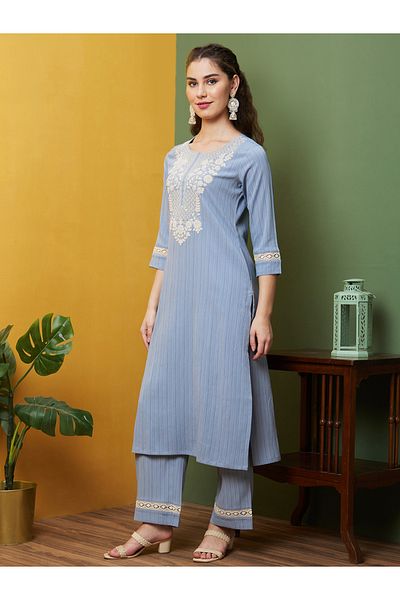 Globus By Styli Round Neck Embroidered Straight Kurta with Trousers Set