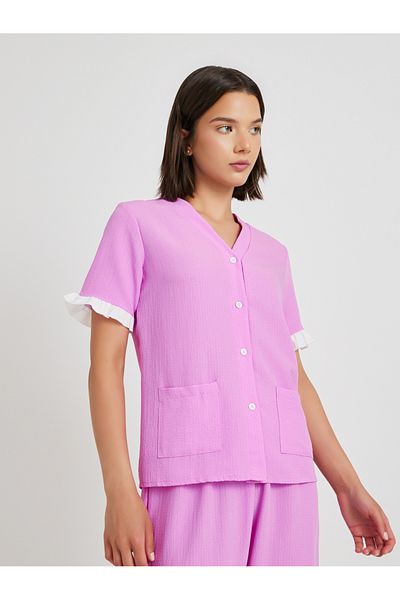 Styli Contrast Flounce Detail Short Sleeve Shirt and Pyjama Set