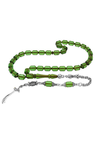 Tesbihane Non-Tarnish Metal Albanian Tassel Tip Capsule Cut Water Green Fire Amber Prayer Beads