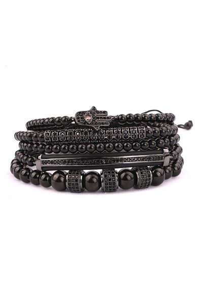 Tessero Set de 5 brățări Hamsa de lux cu mărgele negre, șnur reglabil în stil macrame, pietre de zirconiu negru