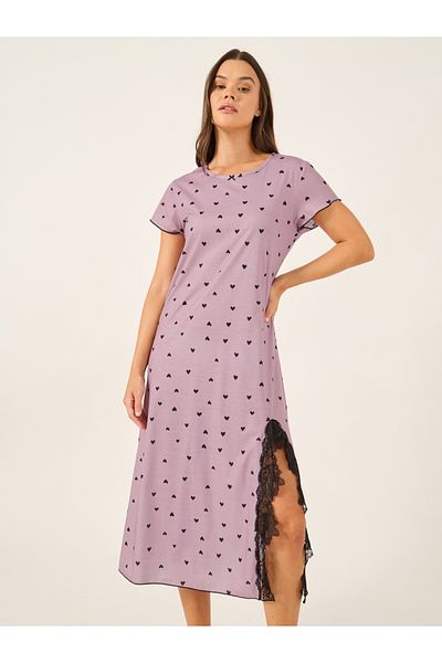 Styli Heart Print Bow Detail Lettuce Edge Nightdress with Lace Trim Slit