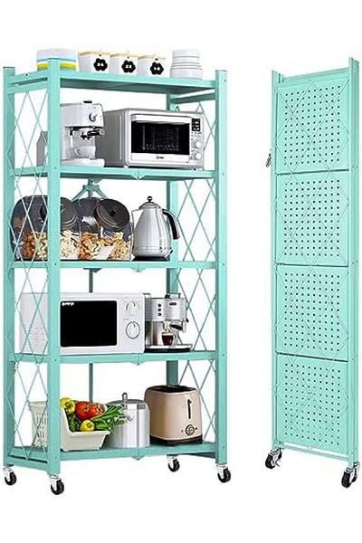 Generic Heavy Duty Metal Storage Unit, 5-Tier Foldable Shelf with Wheels (Blue)