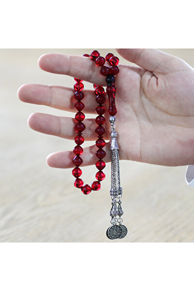 Tesbihane Non-Tarnish Metal Rosary with Tassel Istanbul Cut Flag Red Fire Amber Prayer Beads