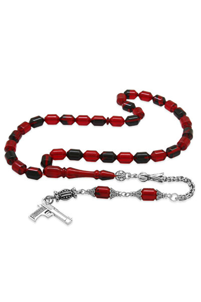 Tesbihane Non-Tarnish Metal Albanian Tassel Tip Capsule Cut Red Black Fire Amber Prayer Beads