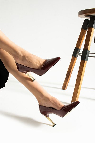 Parparastil Burgundy Patent Leather Stiletto Comfortable Daily and Special Occasion Women's Heeled Shoes