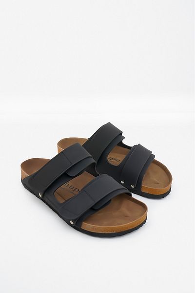 Shupe Men's Black Velcro Double Striped Suade Nubuck Leather Sports Slippers