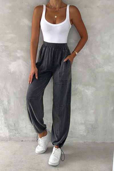 İstangül Butik Urban Ease High Waist Washed Leg Adjustable Jogger Linen Trousers