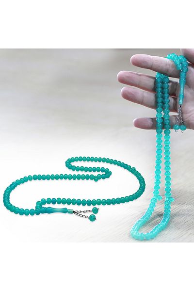 Tesbihane عُقدة معدنية مقاومة للتلطيخ، لون أخضر مائي، 99 حبة، مسبحة للصلاة