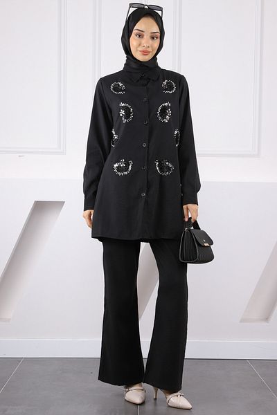 İmajButik Black Beaded Tunic Pants Suit