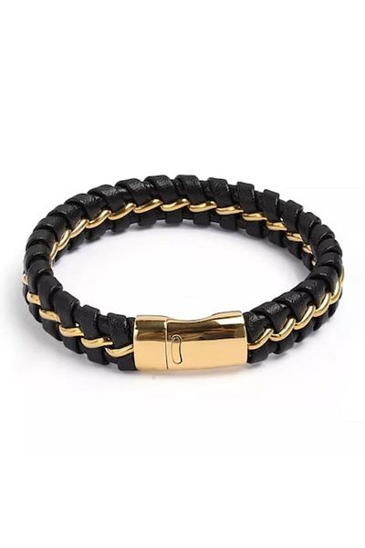 Tessero Bracelet made of braided leather with stainless steel, magnetic clasp, 19 cm, gold-plated 18