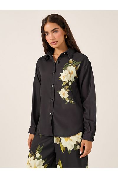 Styli Floral Printed Satin Shirt and Wide Leg Trousers Co-Ords