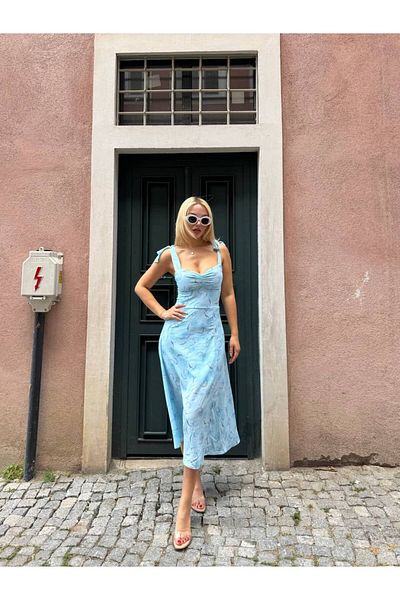 Stil Sepeti Rochie midi căptușită pentru femei, albastru, cu model de flori, cu bretele cu guler în formă de inimă, cu detaliu de dantelă ELY-10001717