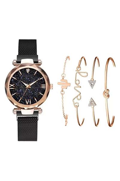 Tessero Gift set of analog watch and four women's bracelets, zirconia stones, 18K gold plated, quartz mechanism