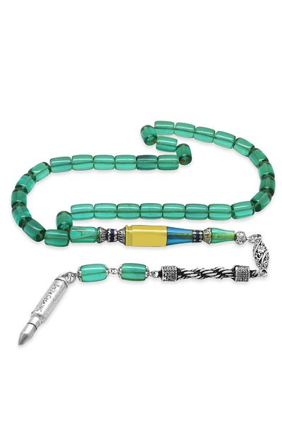 Tesbihane عقد تسبيح معدني مضاد للتلطيخ مع شرابة من نوع Nakkaş Imameli Capsule Cut Water Green Fire Amber