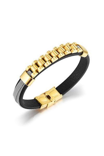 Tessero Men's Bracelet in Leather and Stainless Steel, Chain Design, 18K Gold Plated, Clip Closure,