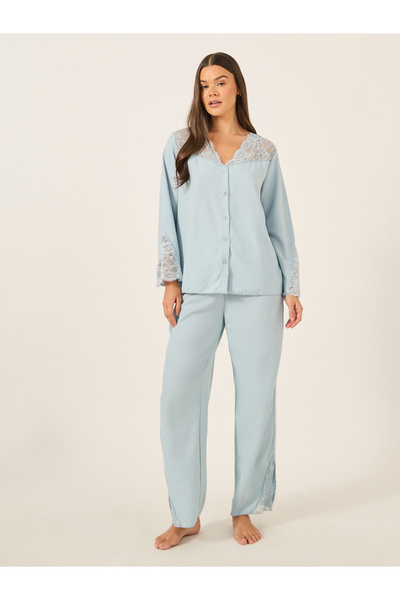 Styli Lace Insert Button Front Shirt and Pyjama Set