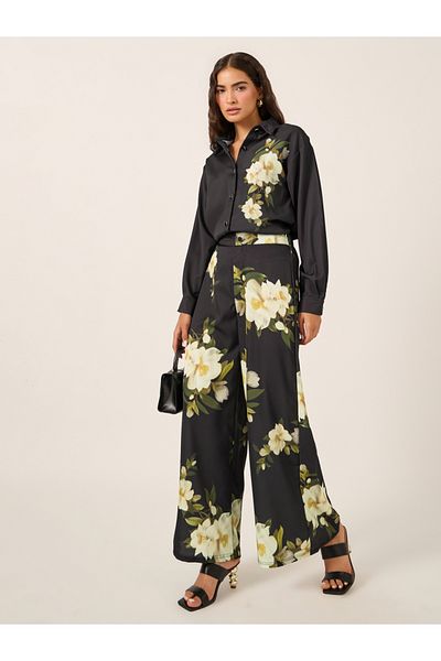 Styli Floral Printed Satin Shirt and Wide Leg Trousers Co-Ords