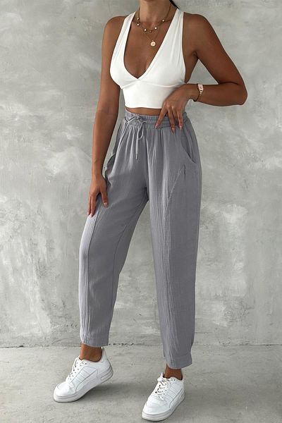 İstangül Butik Cotton Muslin Fabric Balloon Trousers with Leg Cuffs