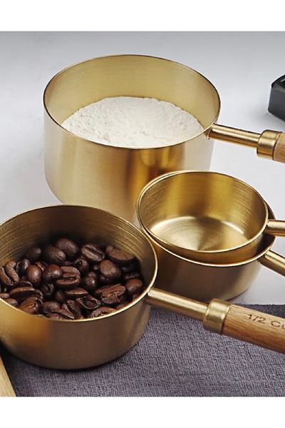 Snow Homs Gold 4-Piece Measuring Spoon Set Wooden Handle Measuring Cup