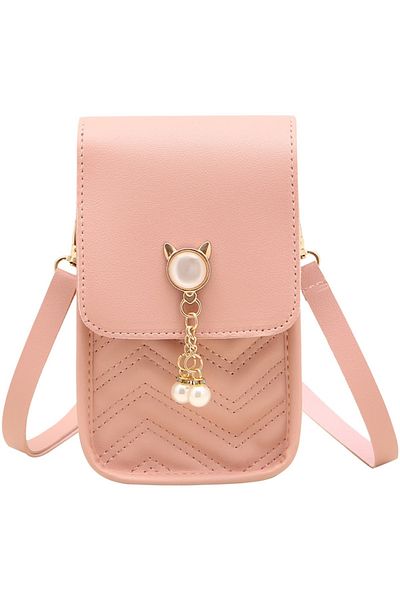 Tessero Mini shoulder bag for women, phone compartment, leather, kitty and pearls design, Tessero, pink