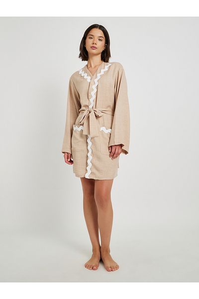 Styli Wave Lace Detail Long Sleeve Robe with Tie Belt