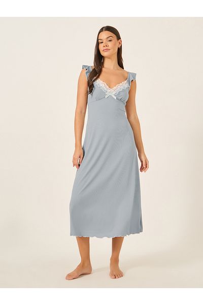 Styli Lace Trim Lettuce Edge Plunge Neck Nightdress