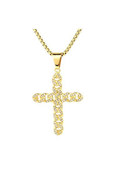 Tessero Cuban Chain Necklace with Cross Pendant, Zirconium Stones, Stainless Steel, 18K Gold Plated, Tessero
