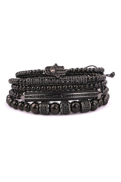 Tessero Set de 5 brățări Hamsa de lux cu mărgele negre, șnur reglabil în stil macrame, pietre de zirconiu negru