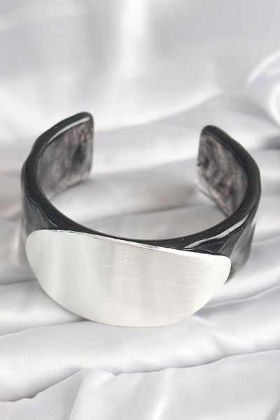AfraBeauty Black Marble Pattern Acrylic Plastic Silver Oval Plate Model Vintage Women's Bracelet